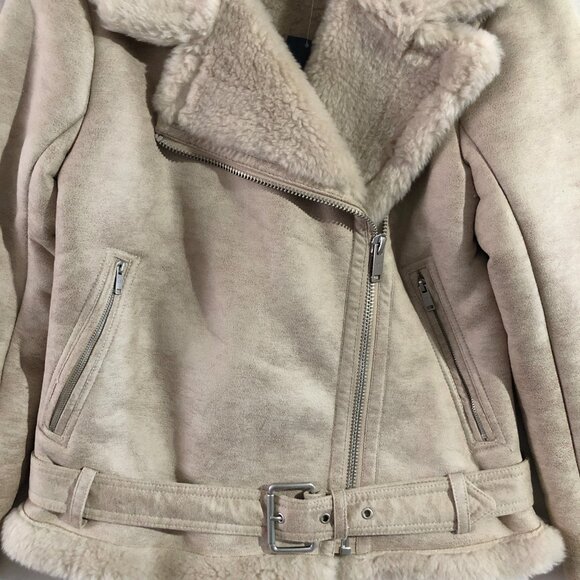 NWT Abercrombie and Fitch Moto Jacket Womens Size XS Beige Suede Faux Shearling - Picture 7 of 8